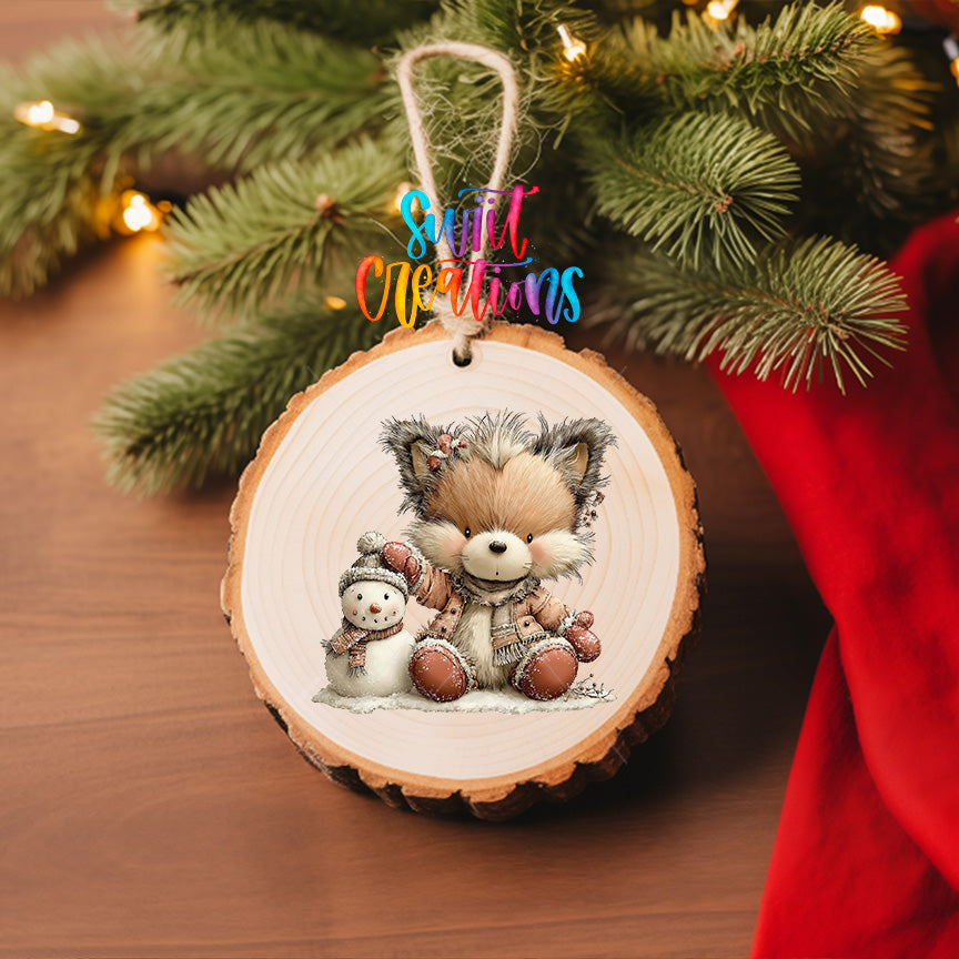 Winter fox and snowman ornament UV DTF transfer in blush pink snowy clothing, mockup view 6