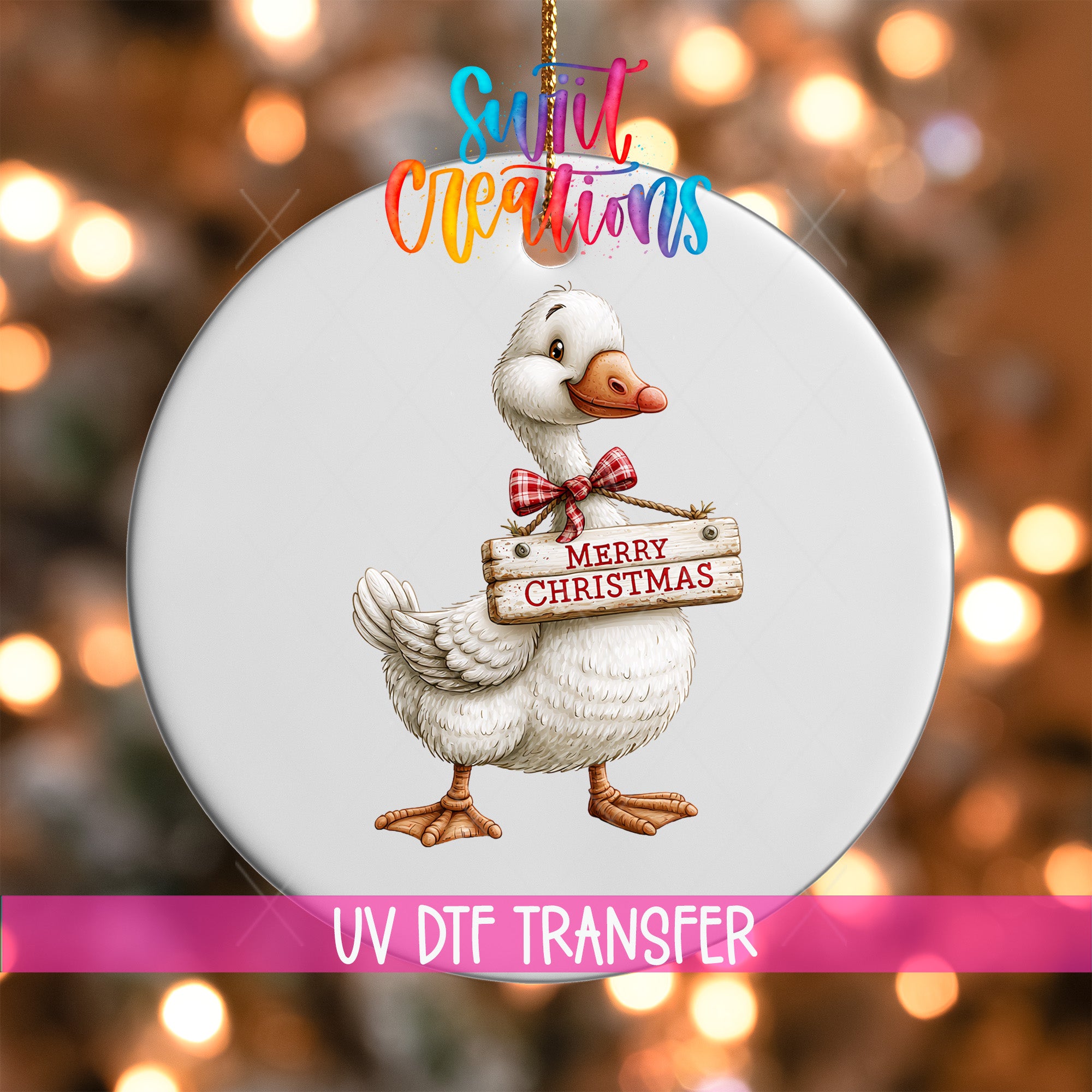 Christmas goose ornament UV DTF transfer with red plaid bow and Merry Christmas sign, mockup view 1