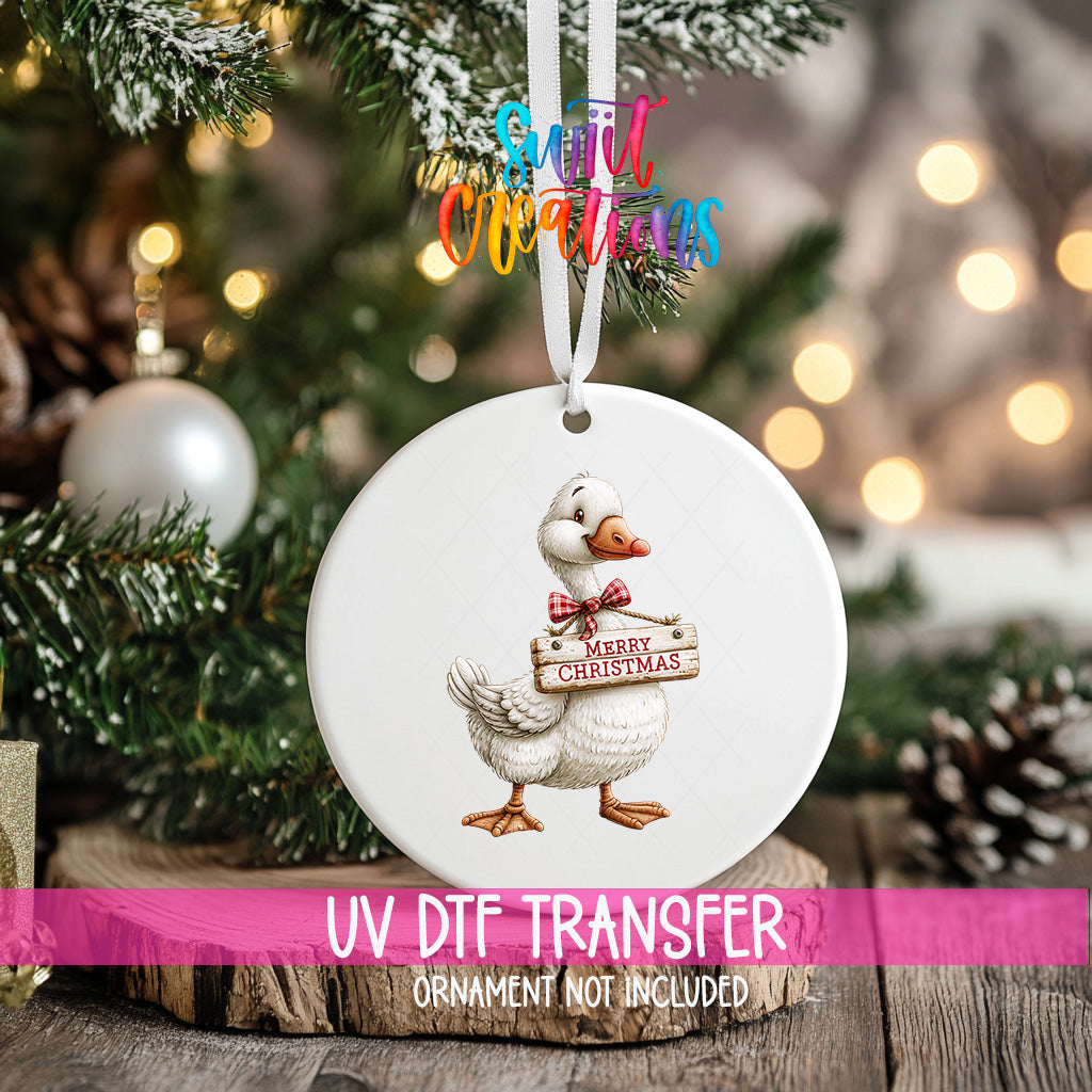Christmas goose ornament UV DTF transfer with red plaid bow and Merry Christmas sign, mockup view 2