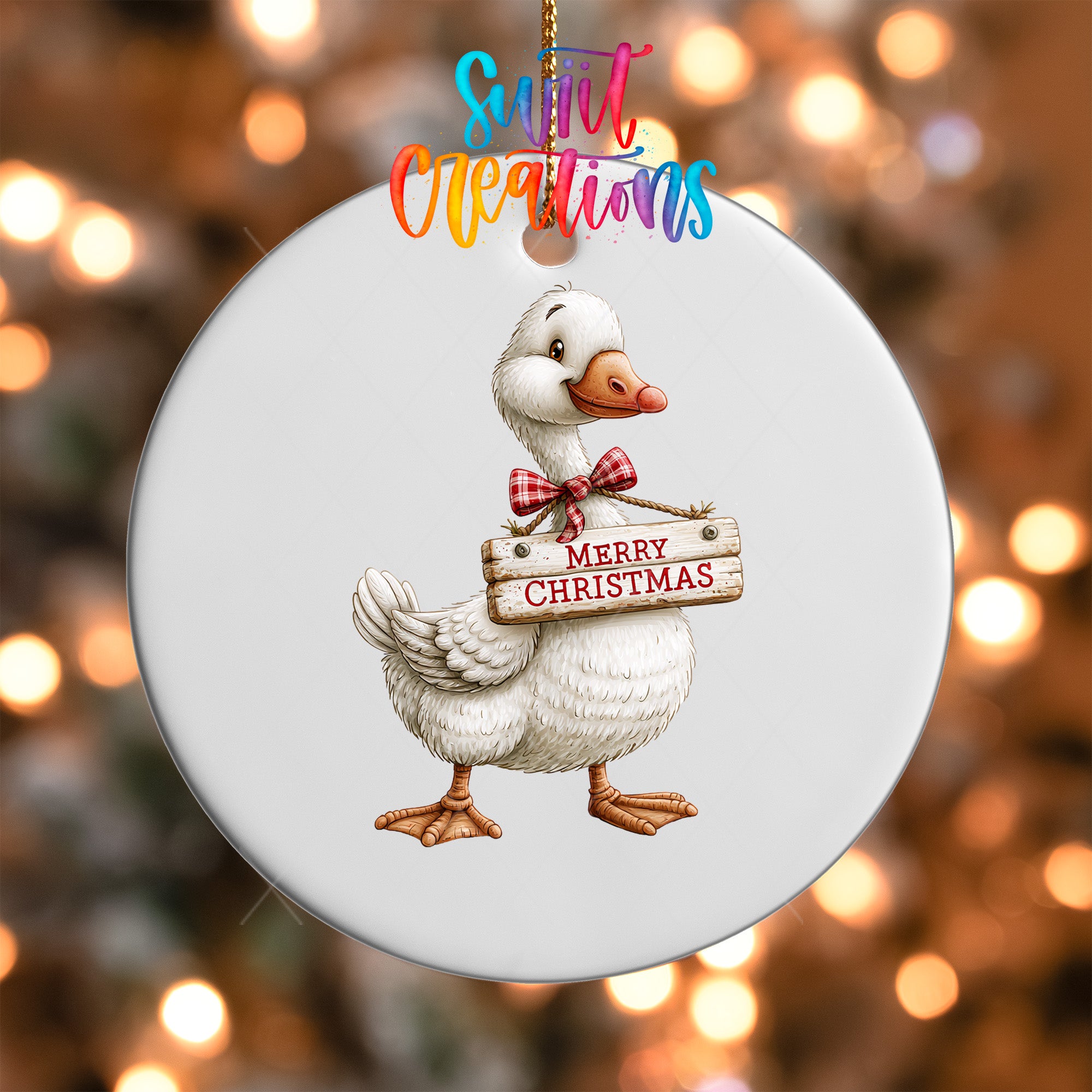 Christmas goose ornament UV DTF transfer with red plaid bow and Merry Christmas sign, mockup view 5