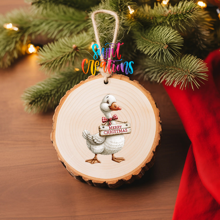 Christmas goose ornament UV DTF transfer with red plaid bow and Merry Christmas sign, mockup view 6
