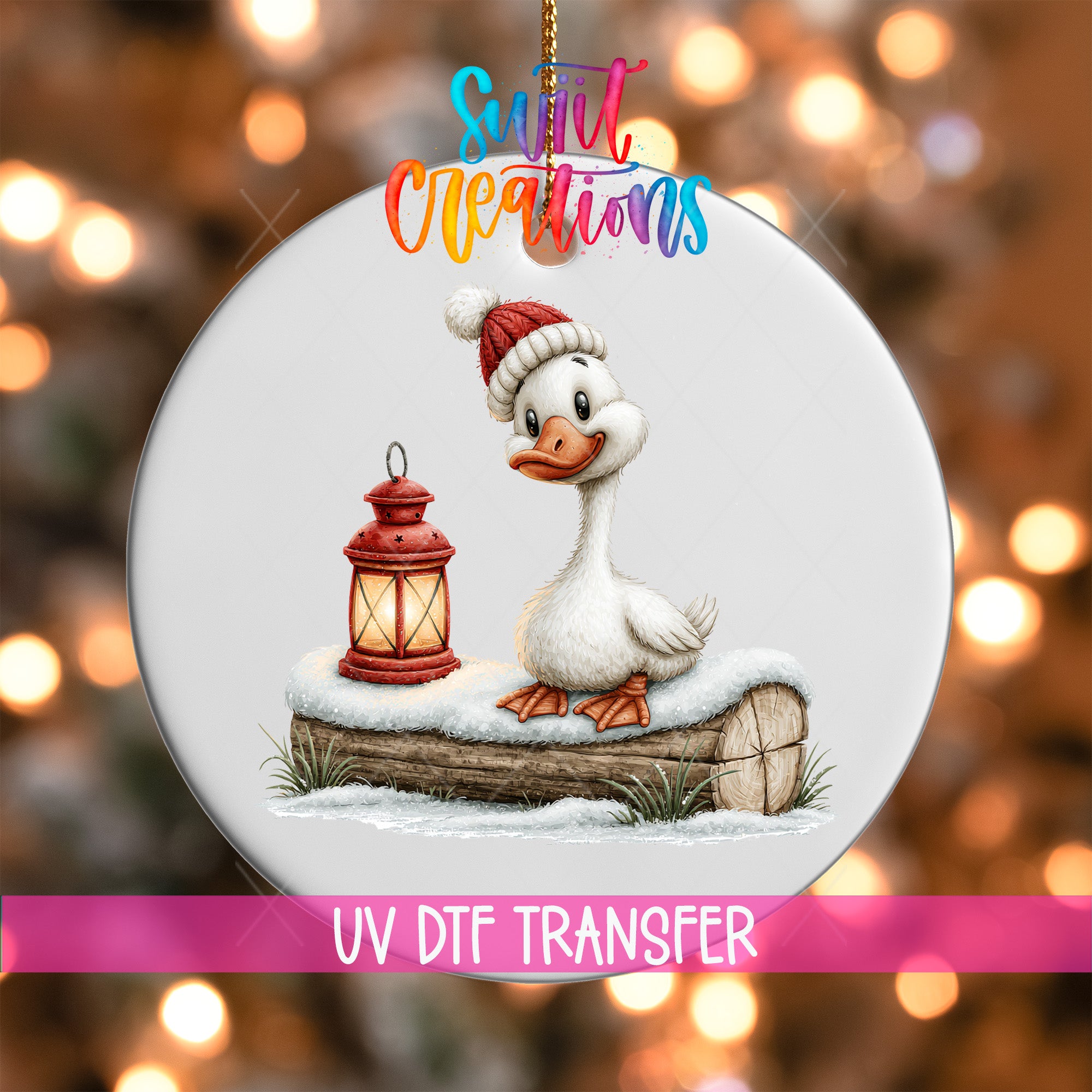 Christmas goose ornament UV DTF transfer in knit hat beside glowing red lantern, mockup view 1