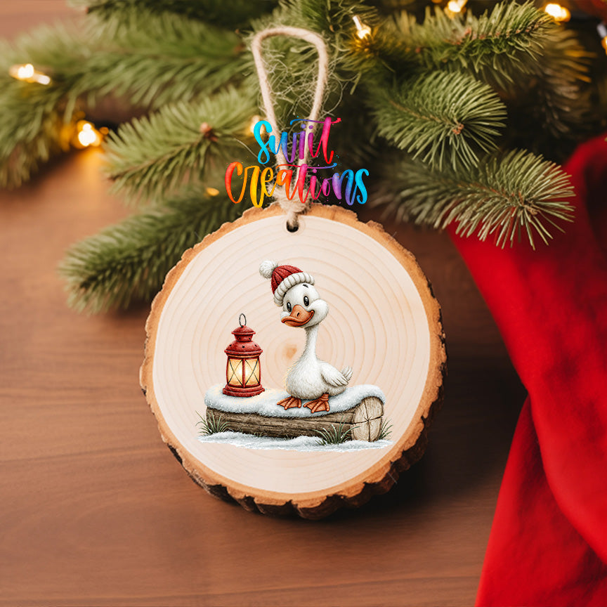 Christmas goose ornament UV DTF transfer in knit hat beside glowing red lantern, mockup view 6