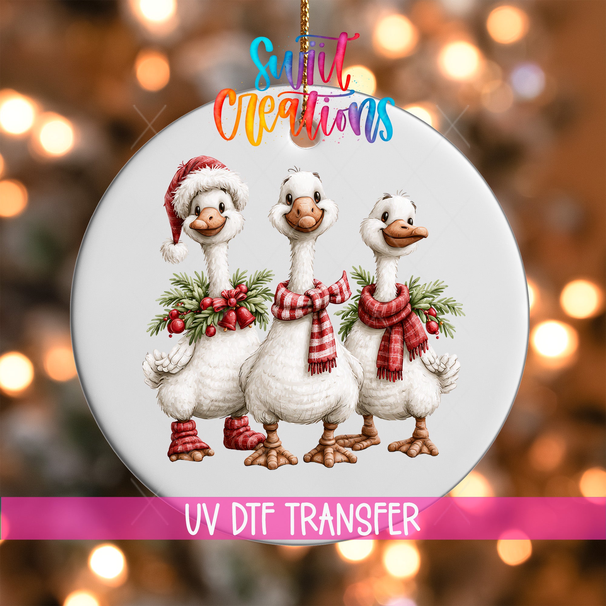 Three Christmas geese ornament UV DTF transfer with red plaid scarves, greenery, and berries, mockup view 1