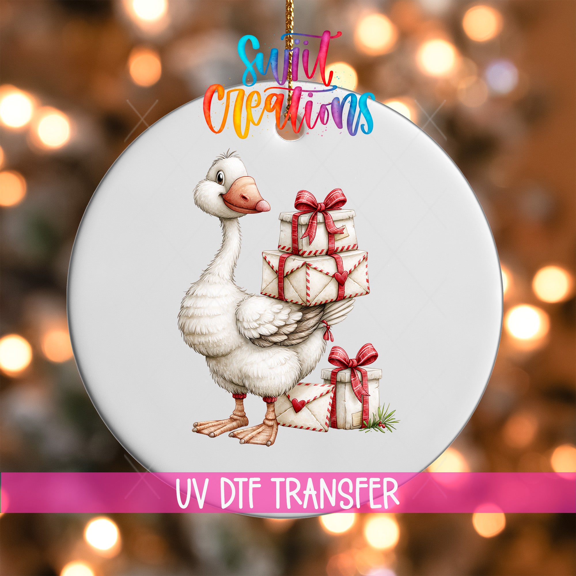 Christmas goose ornament UV DTF transfer carrying cream gifts tied with red bows, mockup view 1