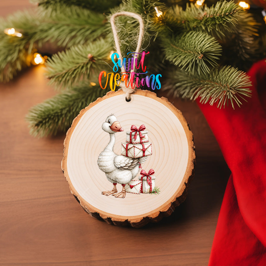 Christmas goose ornament UV DTF transfer carrying cream gifts tied with red bows, mockup view 6