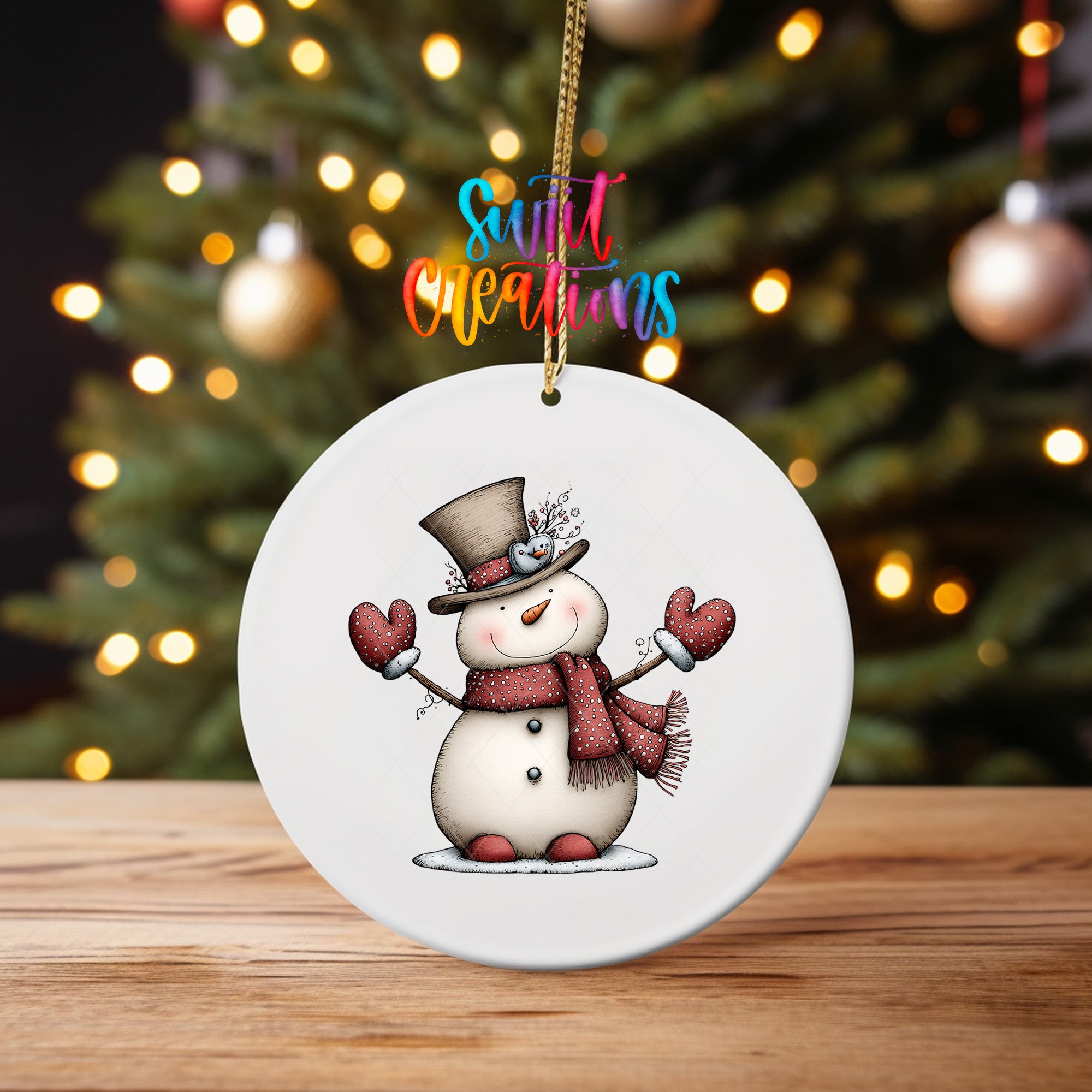 Whimsical snowman ornament UV DTF transfer with tall top hat, red scarf, and dotted mittens, mockup view 4