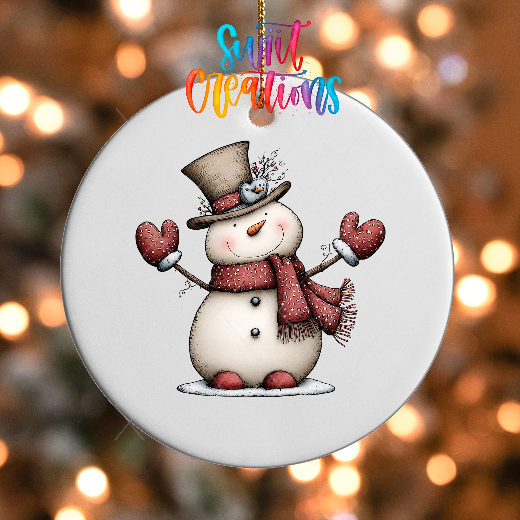 Whimsical snowman ornament UV DTF transfer with tall top hat, red scarf, and dotted mittens, mockup view 5