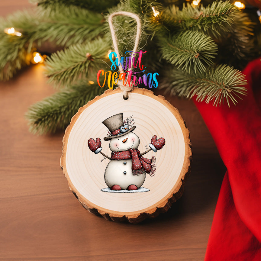 Whimsical snowman ornament UV DTF transfer with tall top hat, red scarf, and dotted mittens, mockup view 6