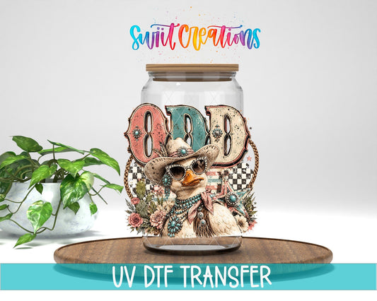 Odd Duck Western Glam UV DTF transfer displayed on a clear jar mockup from Swiit Creations