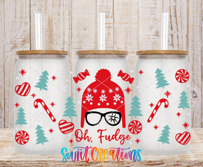 Oh Fudge UV DTF full wrap on three clear glass cans with bamboo lids