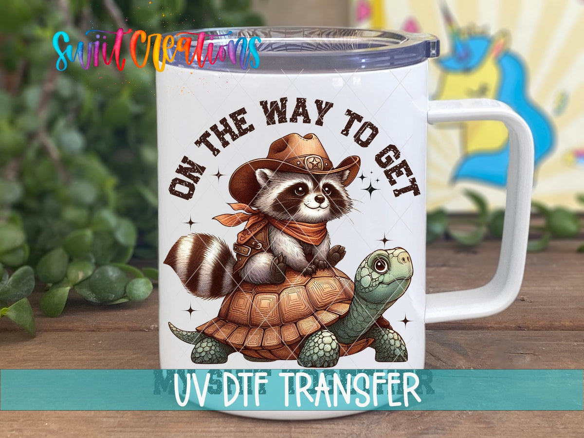 On the Way to Get My Sh*t Together UV DTF transfer on a white stainless steel mug with a lid