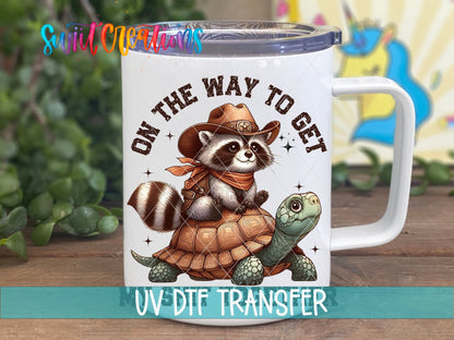 On the Way to Get My Sh*t Together UV DTF transfer on a white stainless steel mug with a lid