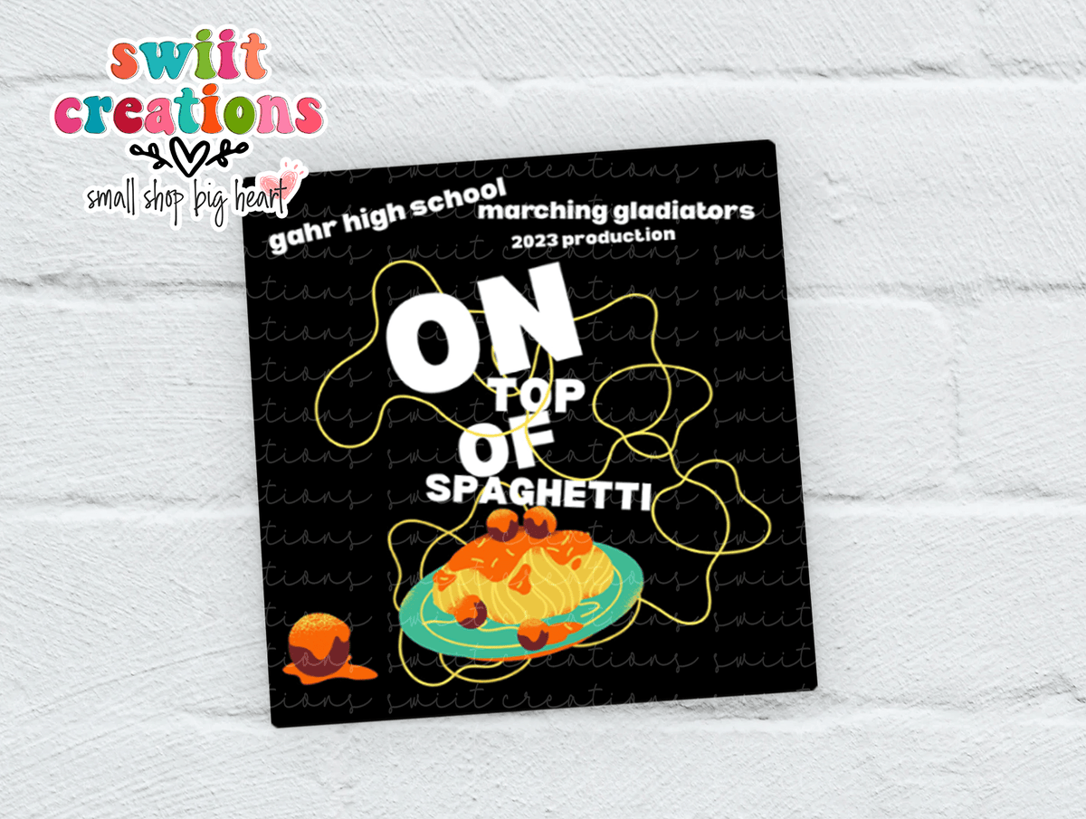 Gahr On Top of Spaghetti 2023 sticker on a white brick wall with the Swiit Creations logo