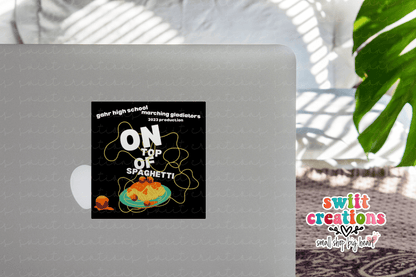 Gahr On Top of Spaghetti 2023 sticker on the lid of a silver laptop