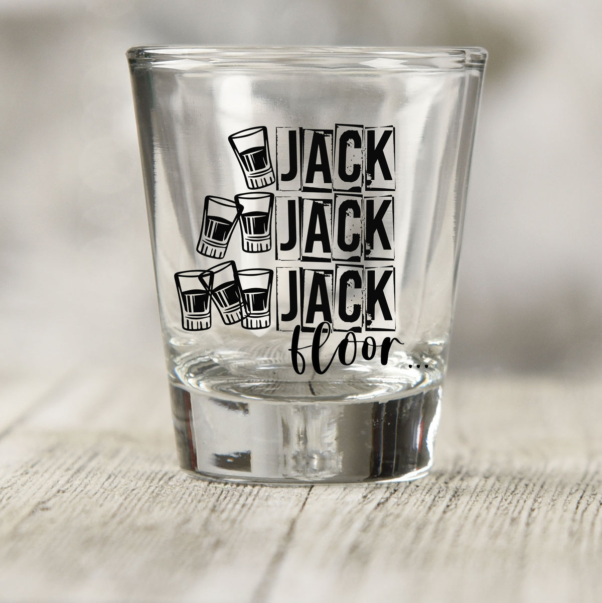 One Jack Two Jack Three Jack Floor shot glass UV DTF transfer with outlined shot glass counting graphic on a clear shot glass