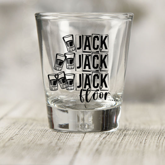 One Jack Two Jack Three Jack Floor shot glass UV DTF transfer with outlined shot glass counting graphic on a clear shot glass