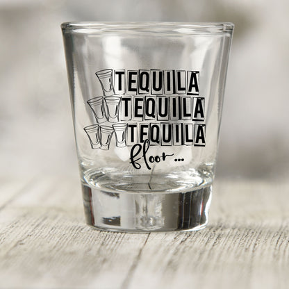 One Tequila Two Tequila Three Tequila Floor shot glass UV DTF transfer with outlined shot glass counting graphic on a clear shot glass