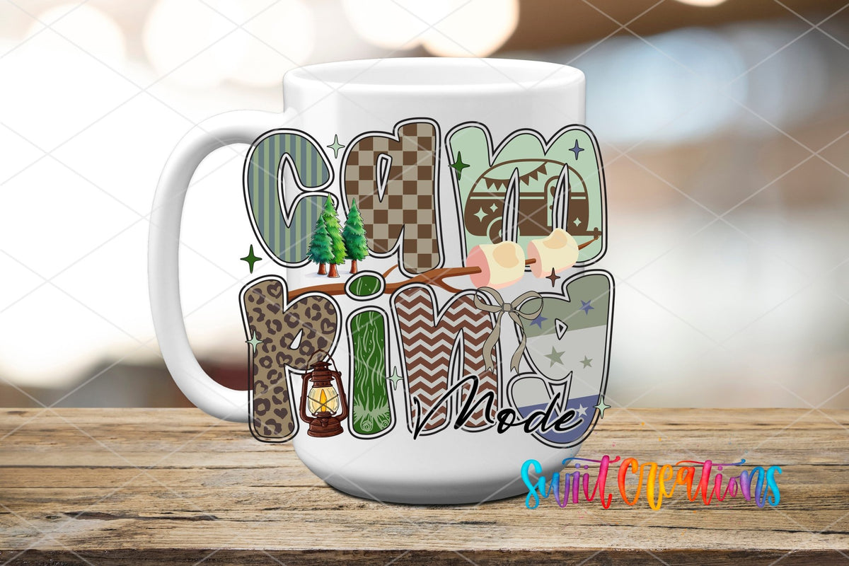 Camping Mode UV DTF transfer on a white ceramic coffee mug