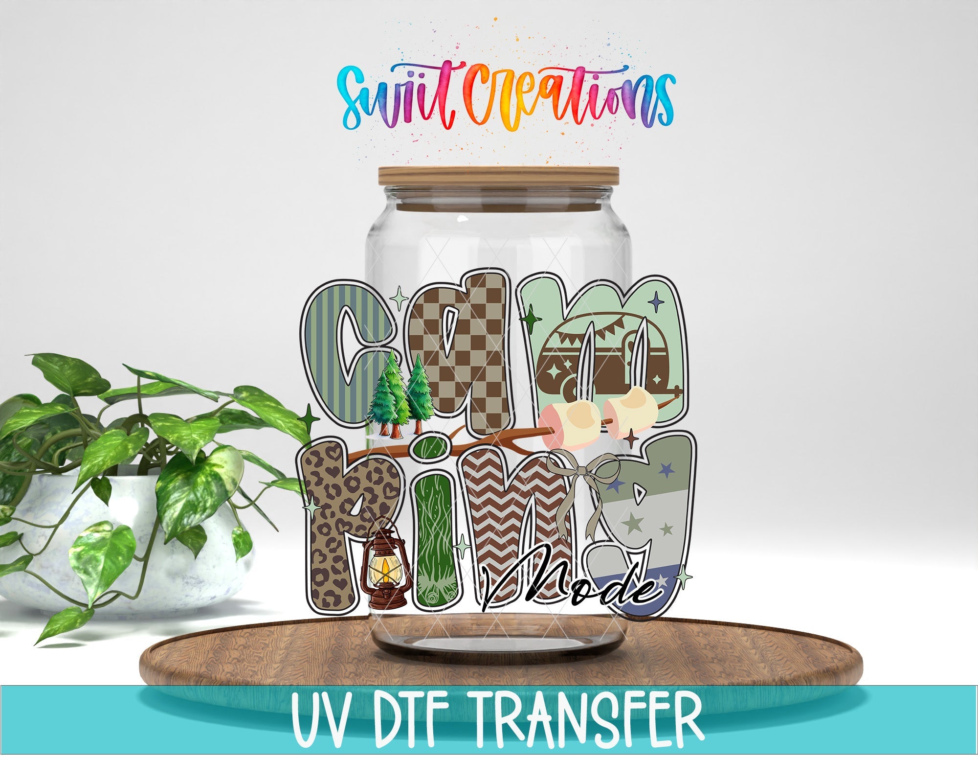 Outdoor Camping Mode Nature Design UV DTF transfer displayed on a clear jar mockup from Swiit Creations