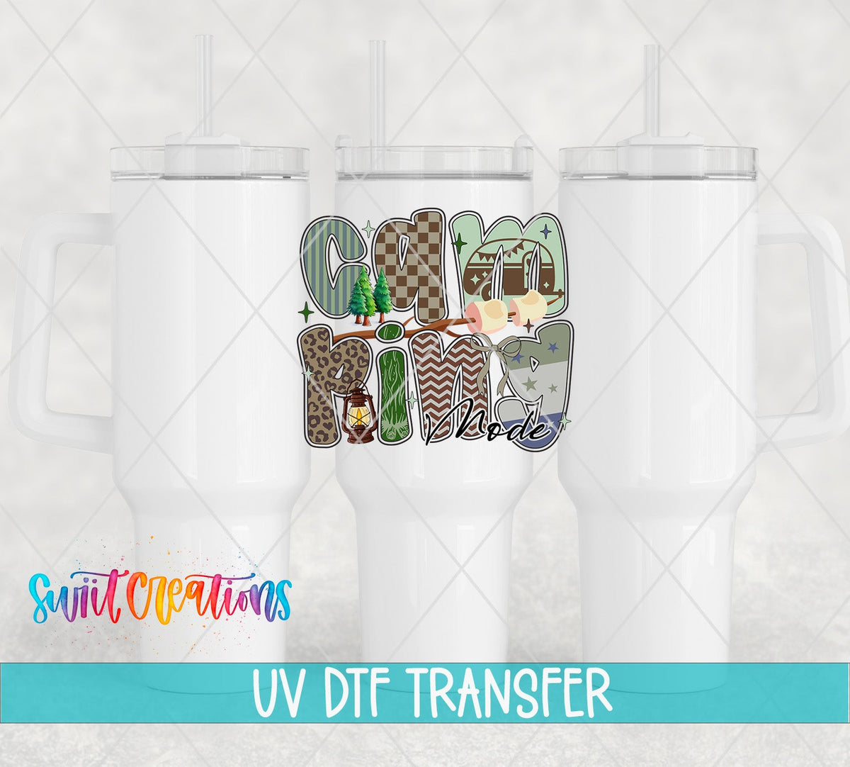 Camping Mode UV DTF transfer on white 40 oz tumblers