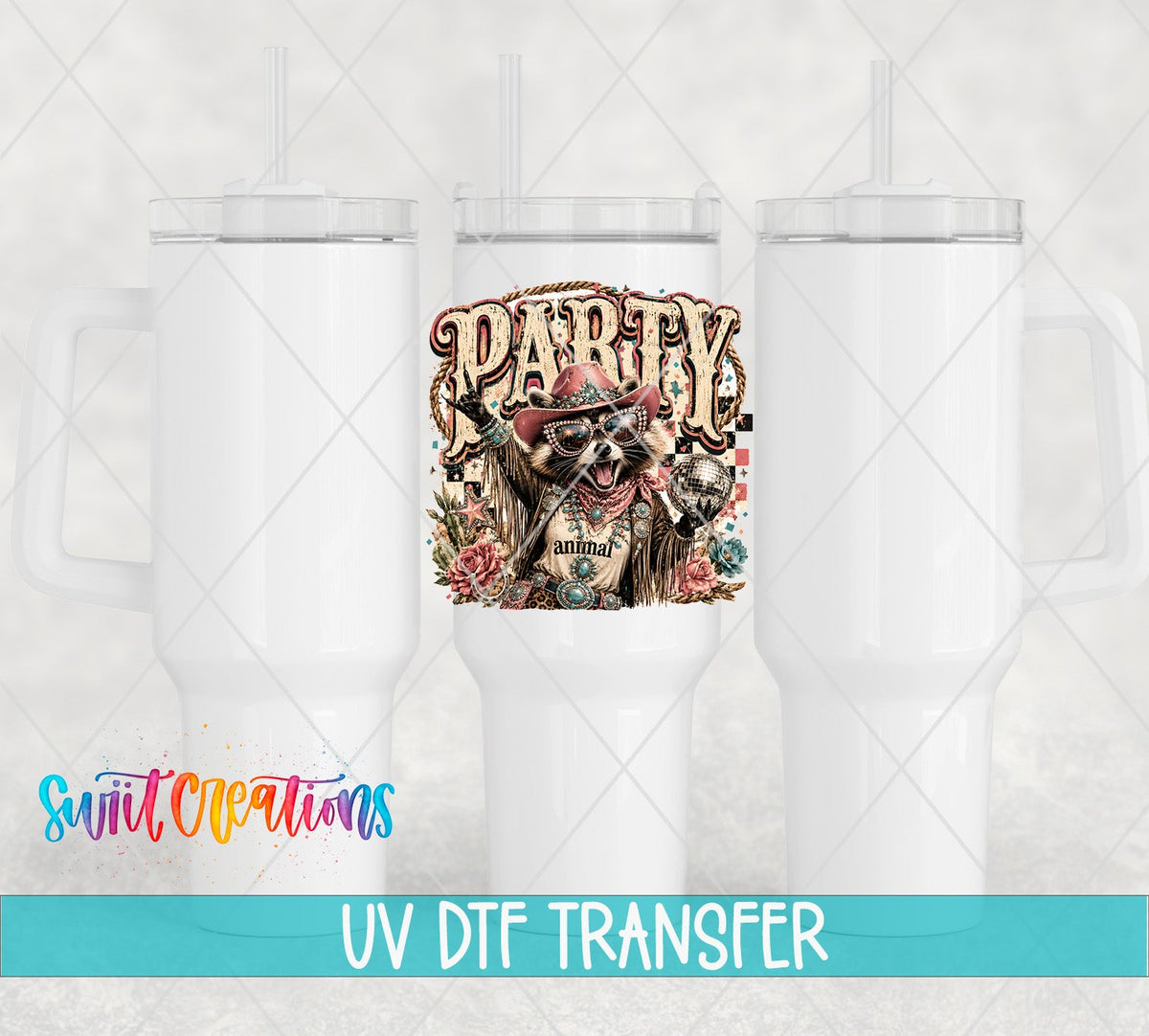 Party Animal Western Glam Raccoon UV DTF transfer applied to a white tumbler set from Swiit Creations