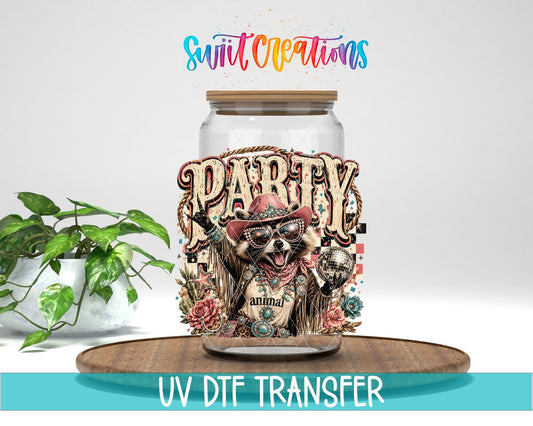 Party Animal Western Glam Raccoon UV DTF transfer displayed on a clear jar mockup from Swiit Creations