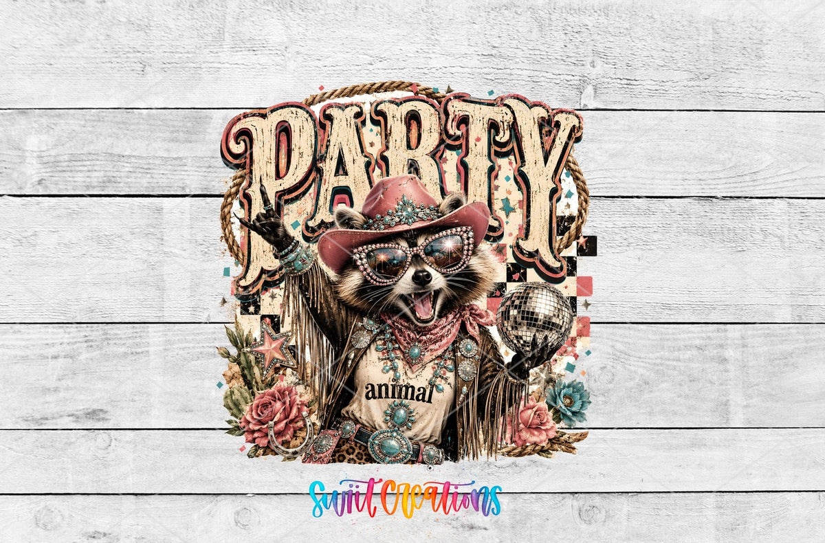 Party Animal Western Glam Raccoon UV DTF transfer shown as a full artwork preview from Swiit Creations