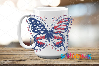 Land of the Free UV DTF transfer on a white ceramic coffee mug