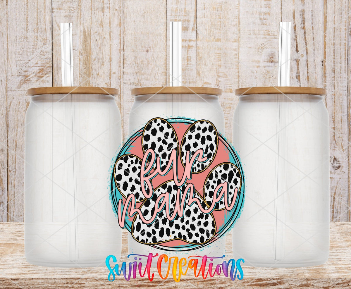 Fur Mama UV DTF transfer on frosted glass cans with bamboo lids