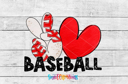 Peace Love Baseball UV DTF transfer artwork on a gray wood background