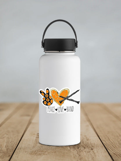 Peace Love Band Clarinet sticker on a white insulated water bottle