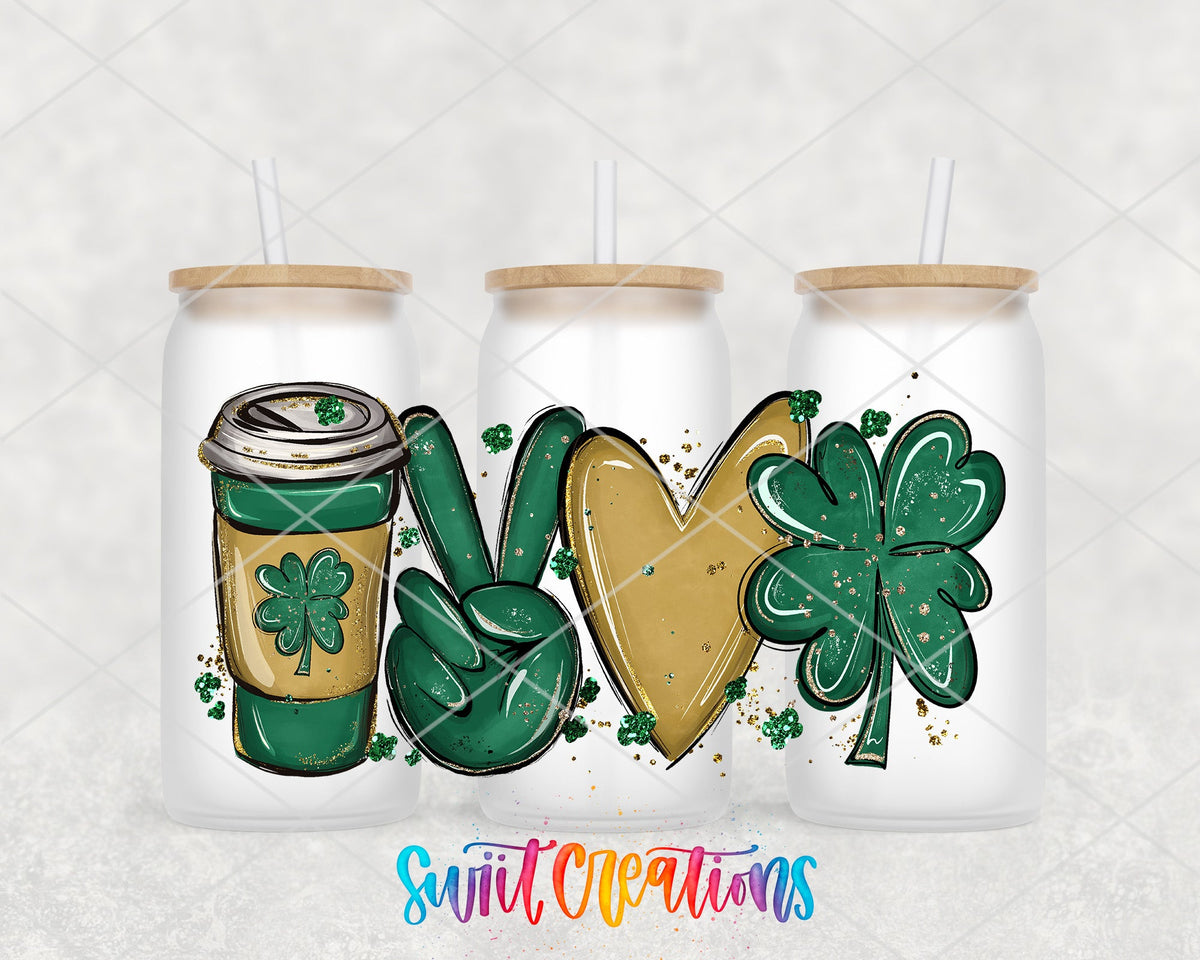 Peace Love Coffee UV DTF wrap on three frosted glass cans