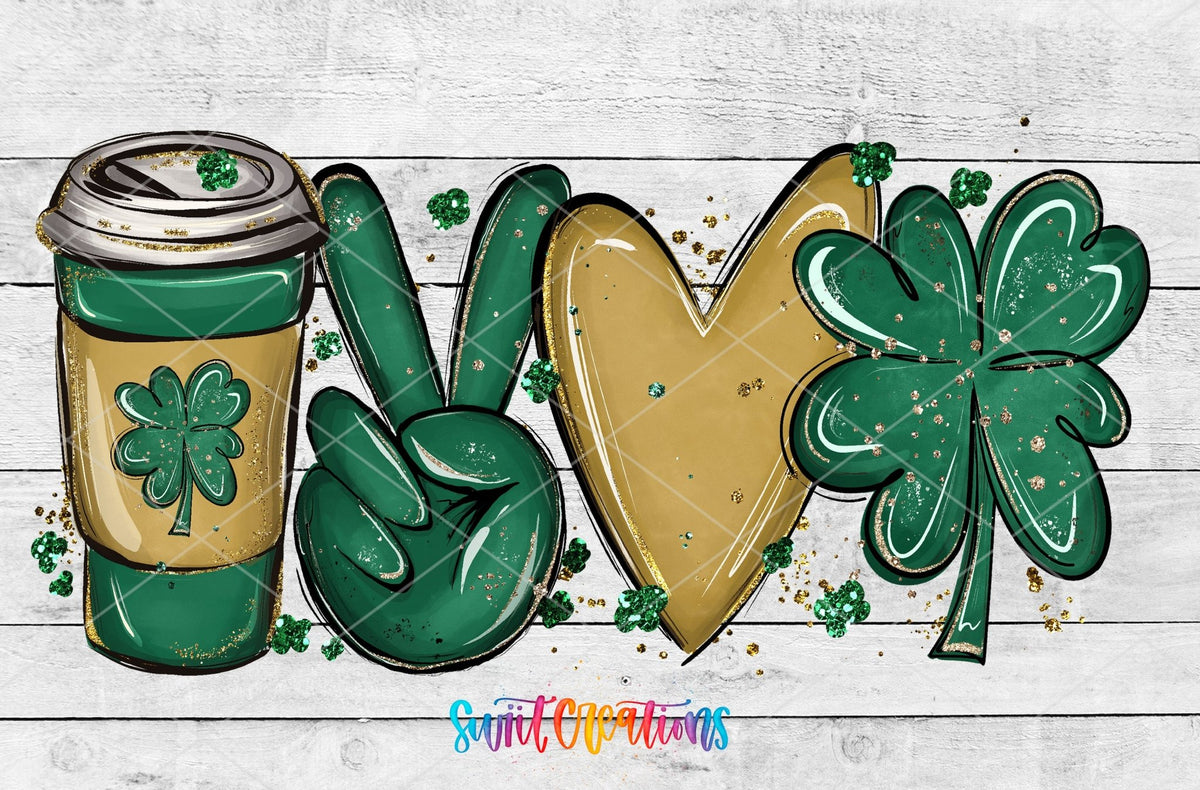 Peace Love Coffee UV DTF wrap artwork on a white wood background