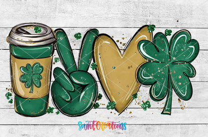 Peace Love Coffee UV DTF wrap artwork on a white wood background