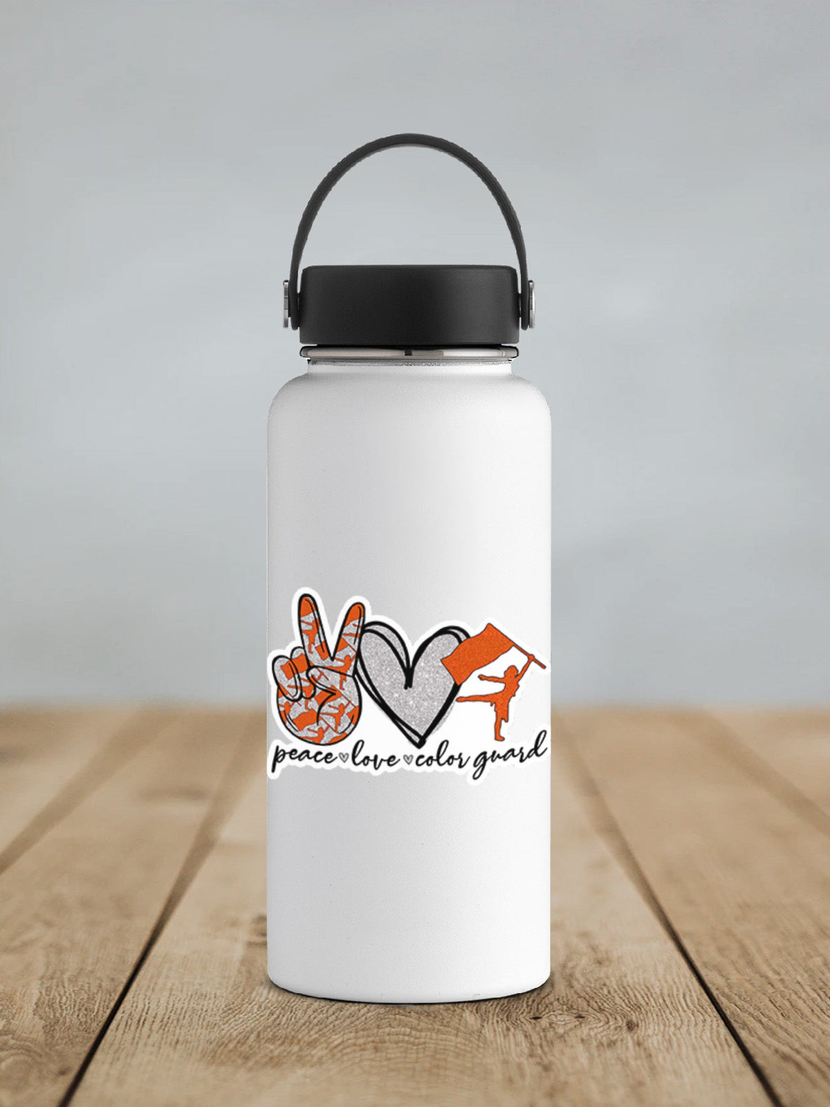 Orange Peace Love Color Guard sticker on a white insulated water bottle