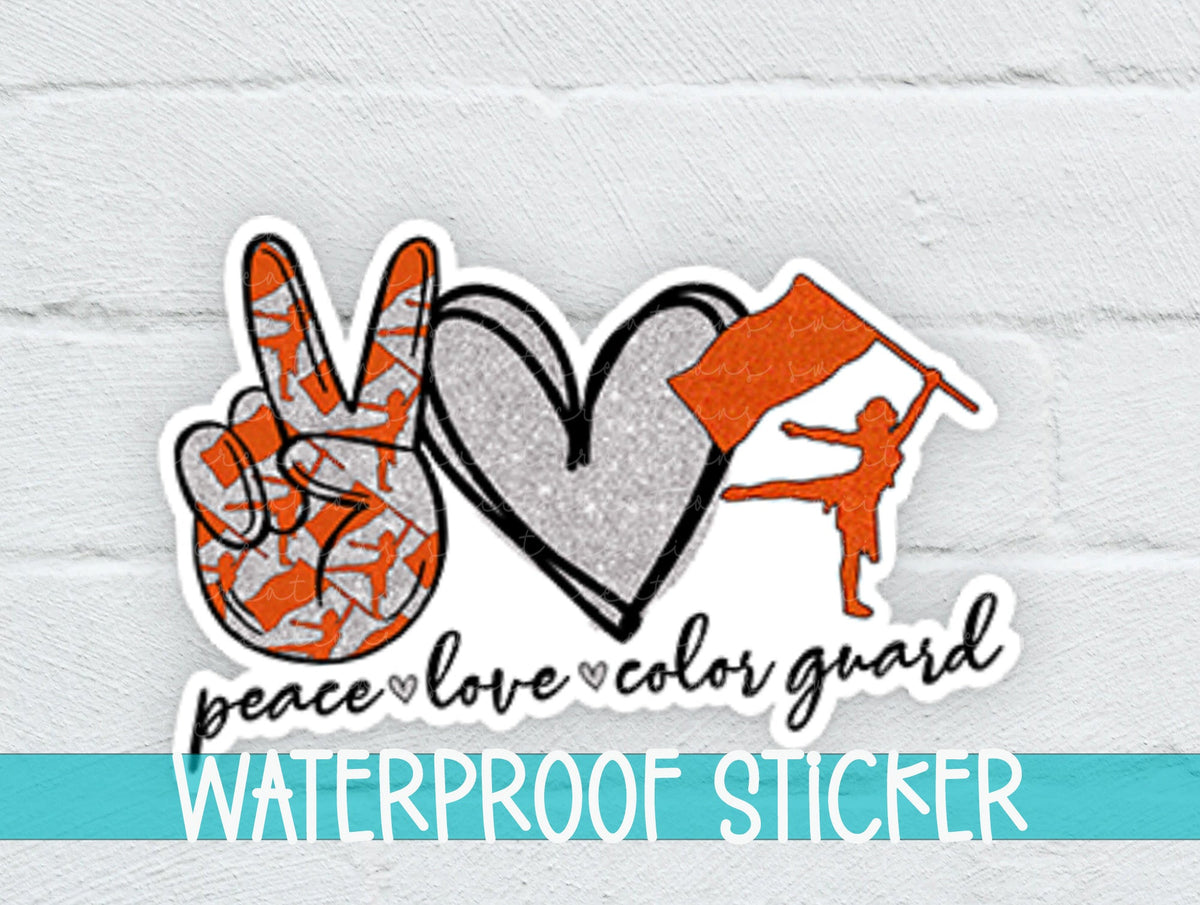 Orange Peace Love Color Guard sticker on a white brick background with a waterproof sticker banner