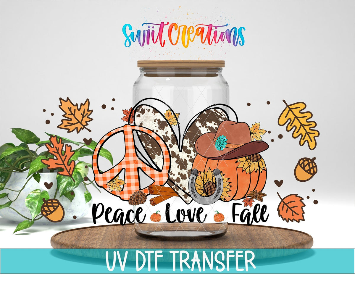 Peace Love Fall UV DTF Transfer Tumbler Wrap | Cow Print Pumpkin Autumn | DTF158 - Swiit Creations