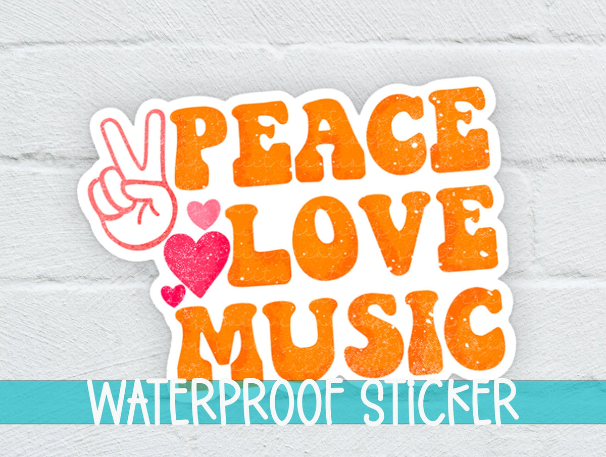 Peace Love Music sticker on a white brick background with a waterproof sticker banner