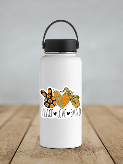 Peace Love Band Saxophone sticker on a white insulated water bottle