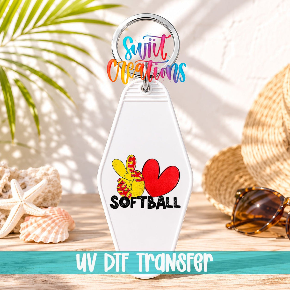 Peace Love Softball motel keychain UV DTF transfer on a white keychain in a beach scene