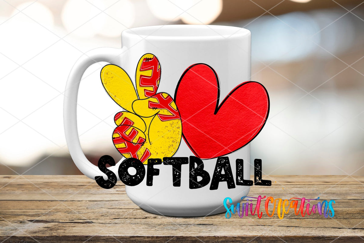 Peace Love Softball UV DTF transfer on a white ceramic coffee mug