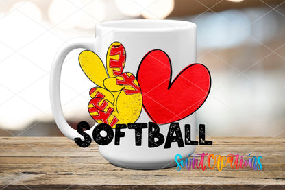 Peace Love Softball UV DTF transfer on a white ceramic coffee mug