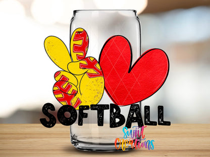 Close-up of the Peace Love Softball UV DTF transfer on a clear glass can