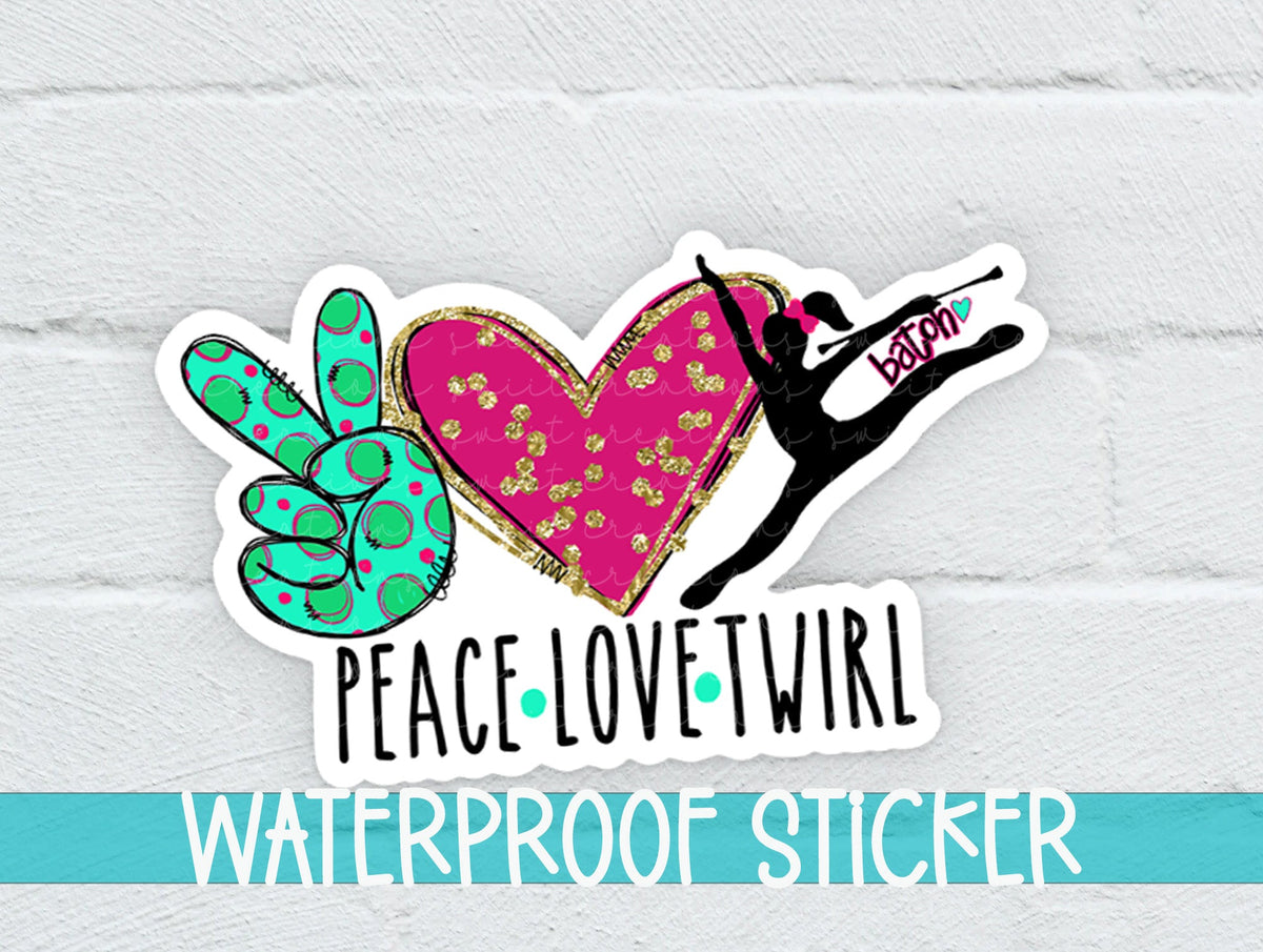 Peace Love Twirl sticker on a white brick background with a waterproof sticker banner