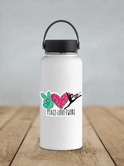 Peace Love Twirl sticker on a white insulated water bottle