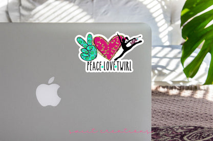 Peace Love Twirl sticker on the lid of a silver laptop