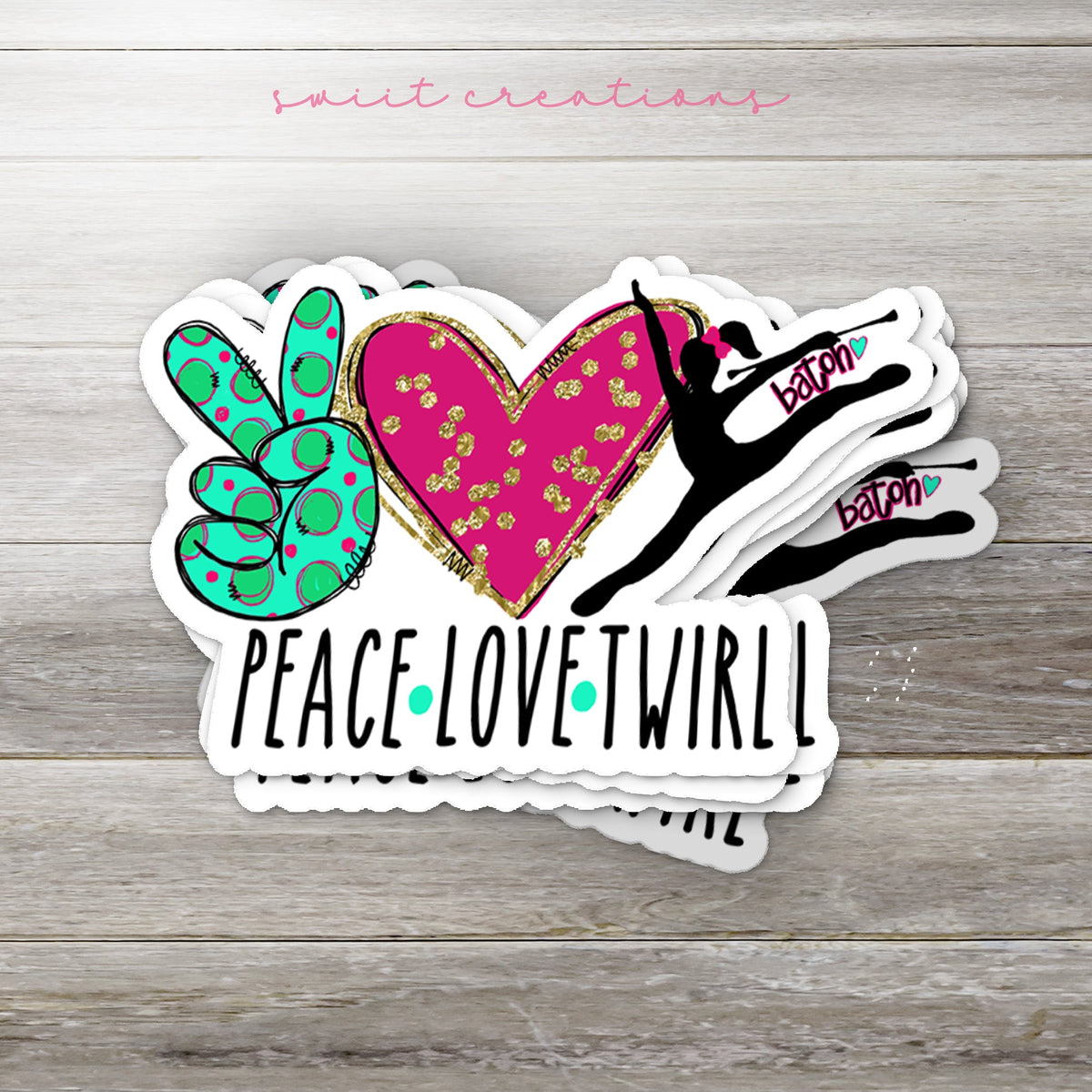 Stack of Peace Love Twirl glossy stickers on a gray wood table