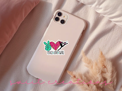 Peace Love Twirl sticker on a pink phone case