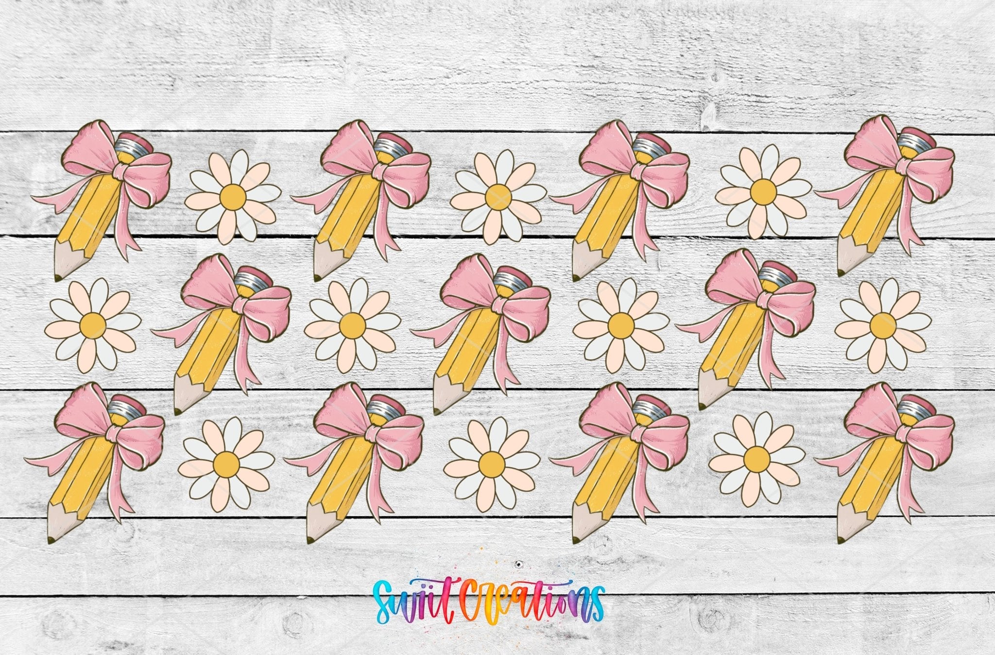 Pencils And Bows UV DTF Transfer Tumbler Wrap | Daisy Teacher School Cup Decal | DTF268 - Swiit Creations